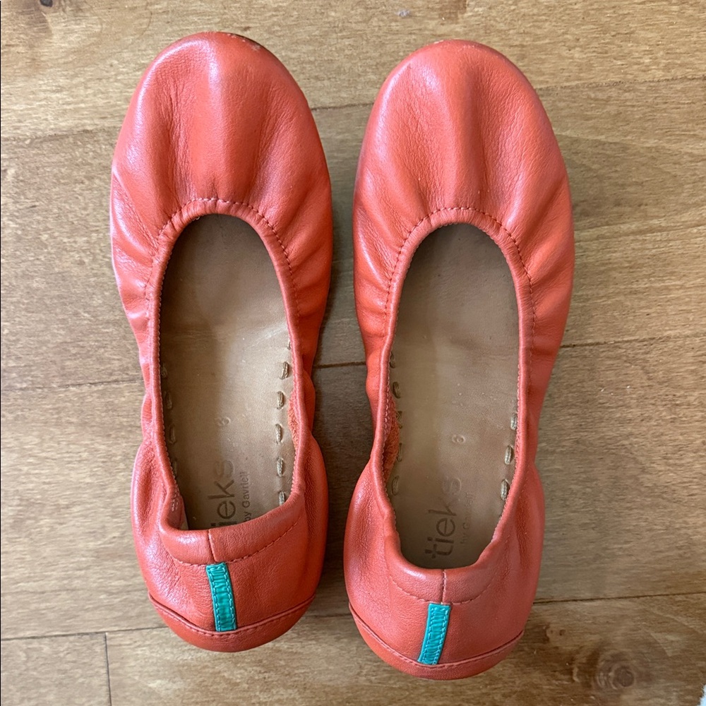 Tieks Coral-Orange Leather Ballet Flats with Teal Heel Tab